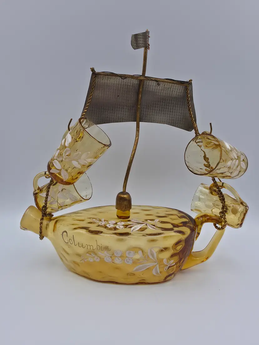 Hand Painted Vintage Amber Art Glass Ship  Decanter and Cup Barware Set. **Read*