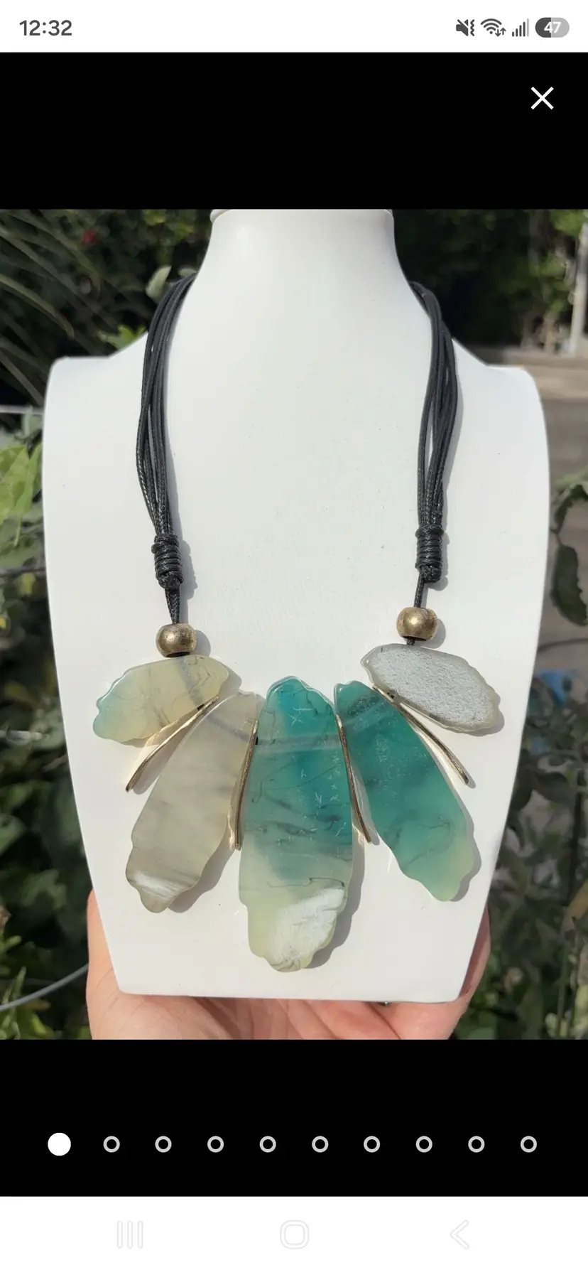 Vintage Teal & Grey Faux Agate Resin Slab Bib Necklace, adjustable Cord Collar