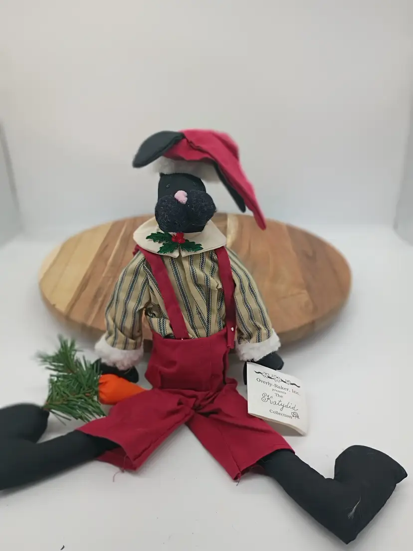 Vintage Overly- Raker Handmade Christmas Rabbit Cloth Doll Shelf Katydid Collection Christmas 1991.