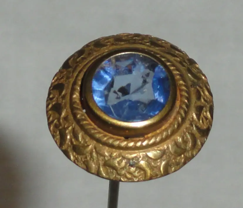 Art Nouveau Hatpin ~ Brass Head w/Light Sapphire Color Stone ~ 10.75” Hat Pin