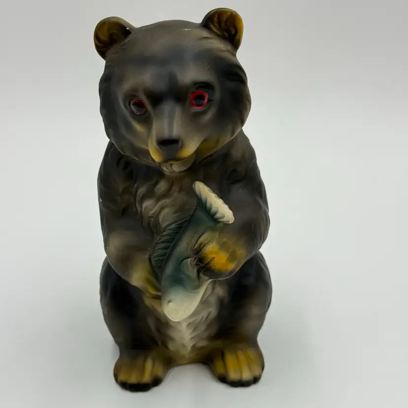 Brown Black Bear Holding Fish Ceramic Vintage Figurine Matte Finish