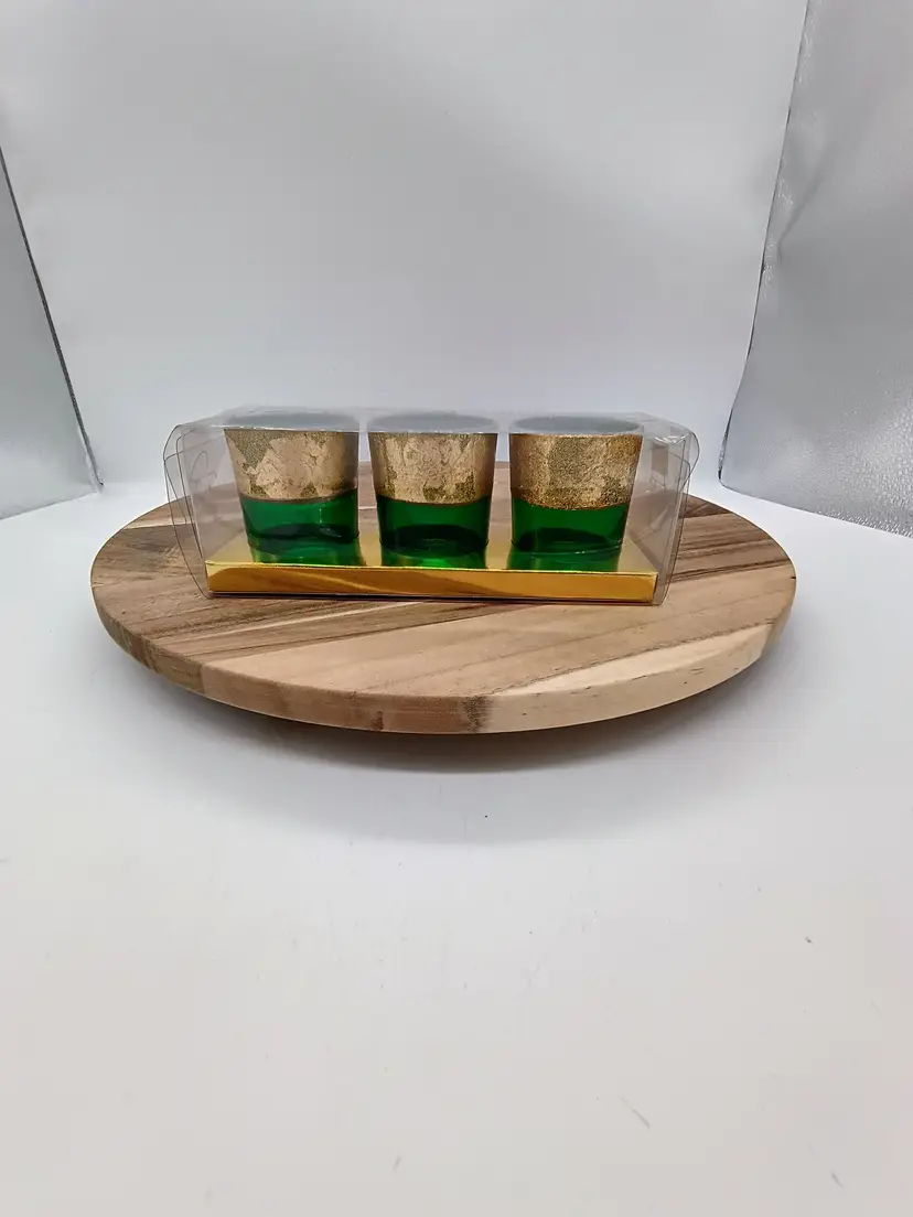 Set of 3 Green Glass Votive Candle Holders with Gold & Glitter Rims New in Box