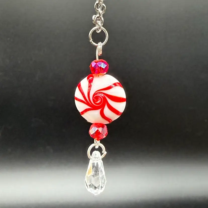 Art Glass Peppermint Candy And Austrian Crystal Pendant On 18” Stainless Steel Chain