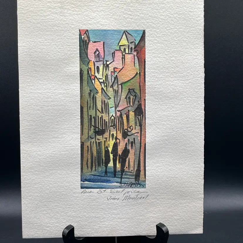 #16 Signed Hand Painted Multicolor Watercolor Canadian Rue St Sulpice City Street Scene Painting 11” 🖼️