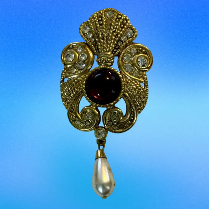 Vintage Signed Jeff Lieb purple cabochon & pearl Dangle Goldtone Brooch