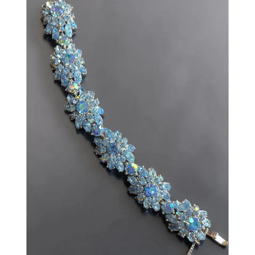 Trifari - Sparkling Light Sapphire & Light Sapphire AB Rhinestone Flower Floral Bracelet With Safety Chain- 6.75” ca. 1955-57