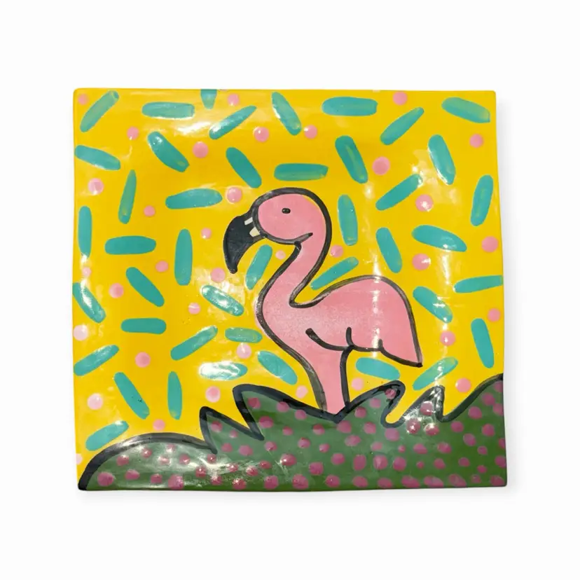 Signed Studio Art Pottery Flamingo Square Plate Dish Abstract Tropical 7.25”