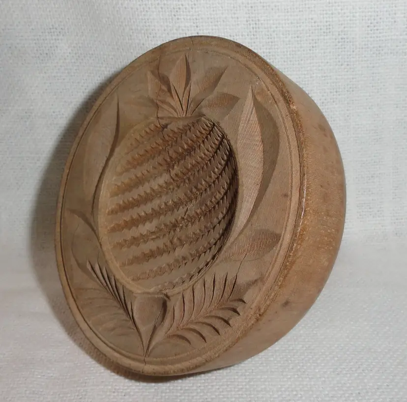 Antique Wood Butter Mold ~ Deeply Carved Pineapple ~ Unusual Handle