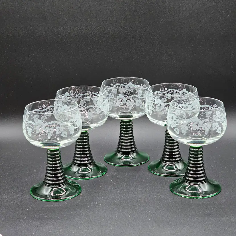 Luminarc France Etched Grape Roemer Wine Glasses Green Beehive Stem Set Of 5