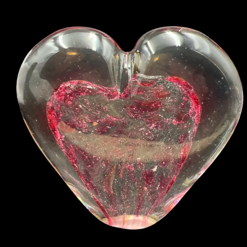 Vintage Blown Art Glass Heart Paperweight Pink Red Swirl 4.5” TALL