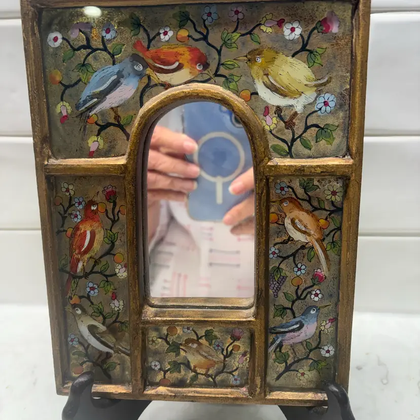VTG REVERSE PAINTED GLASS MIRROR - 8 BIRDS & FLORAL VINES - GOLD GILT