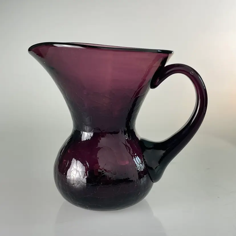 Midcentury Amethyst Crackle Glass Pitcher Thick Applied Handle 1950s Vintage 6"