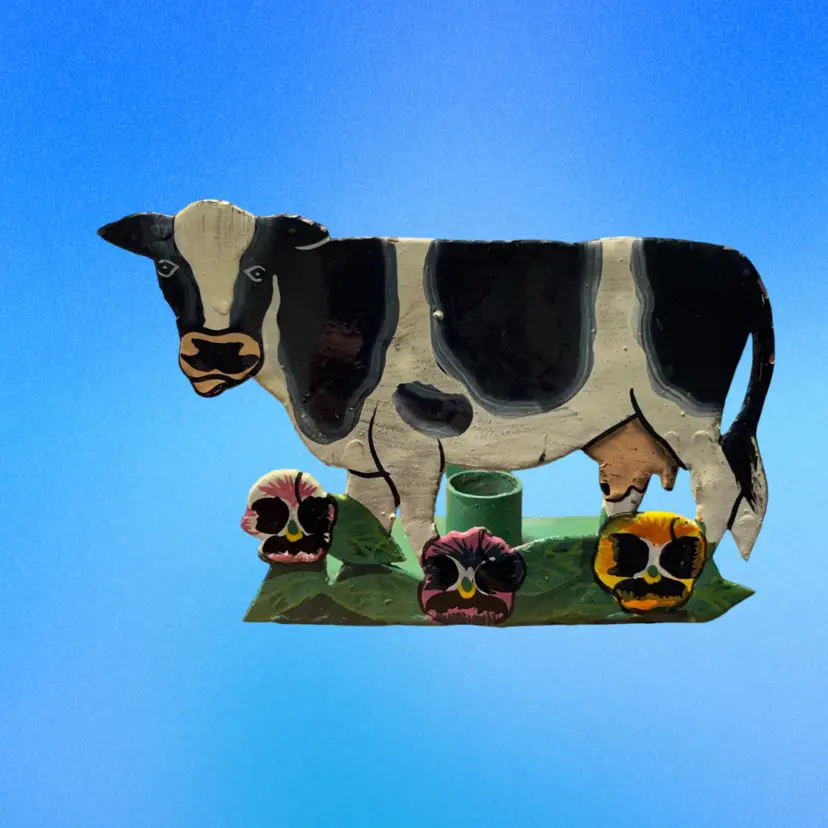 29. Vintage Handmade COW Folk Primitive Metal Candle Holder