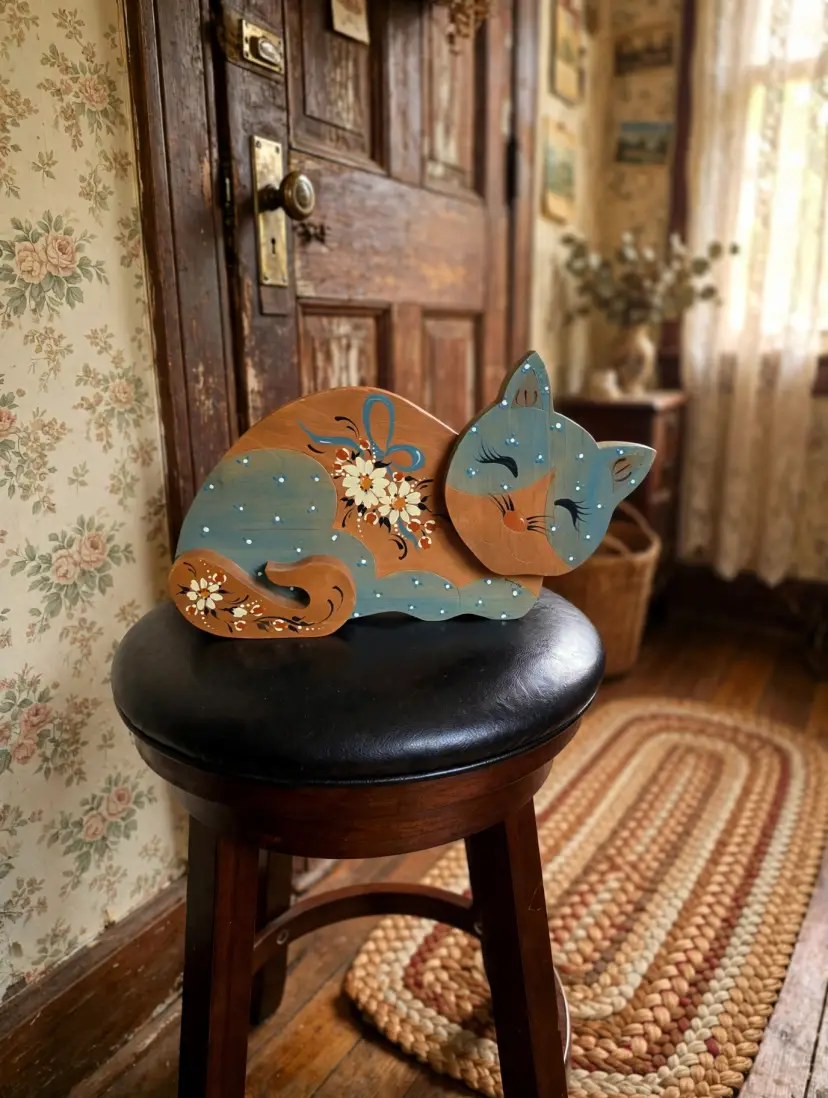Hand-Painted Wooden Cat Decor