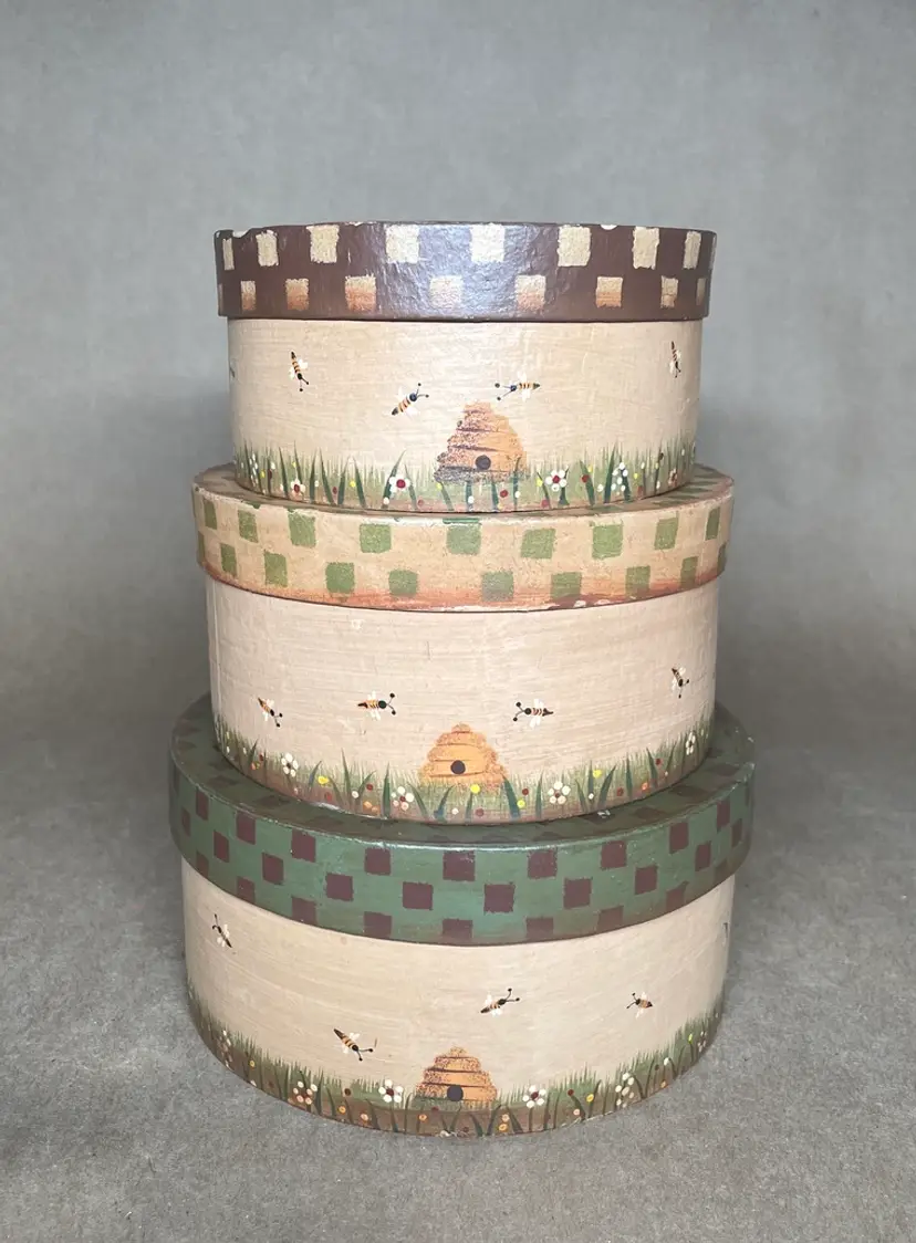 Folk Art Country Hand Painted Bee Beehive 3 Cardboard Round Stacking Nesting Storage Containers