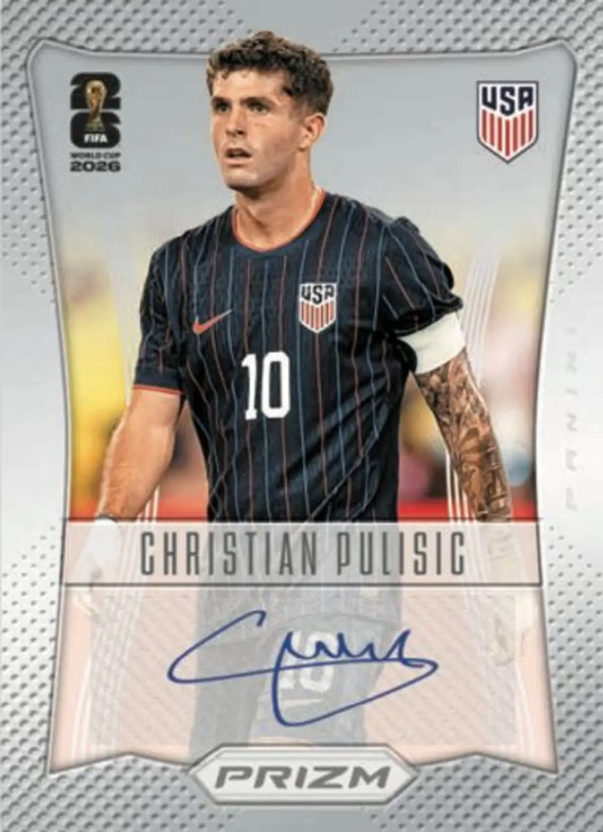 Christian Pulisic autograph card from 2026 Panini Prizm FIFA World Cup featuring the USA number 10 in a dark blue Team USA jersey with a blue autograph across the bottom