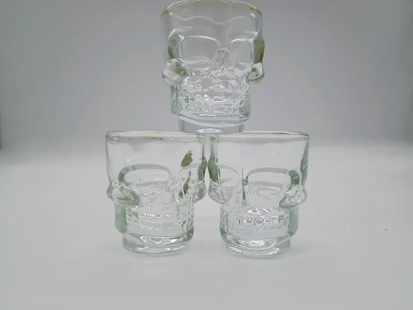Shot Glasses Set of 3 Clear Heavy Glass Skull Shaped Goth Barware