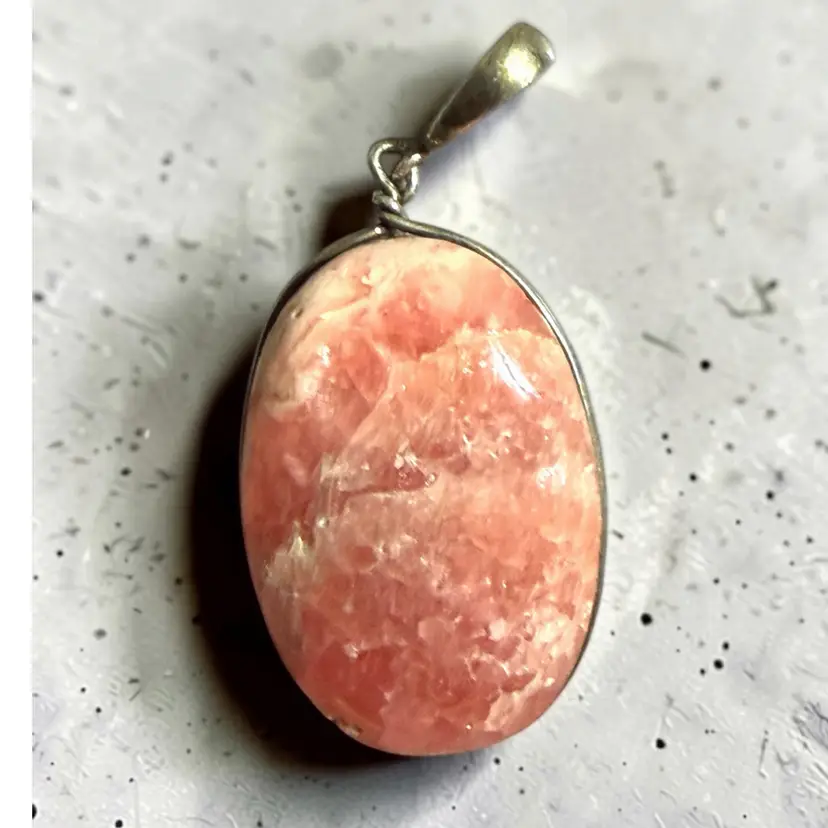 Sterling Silver Wire Wrap Pink Rhodochrosite Pendant 2”x 3/4” With Bail