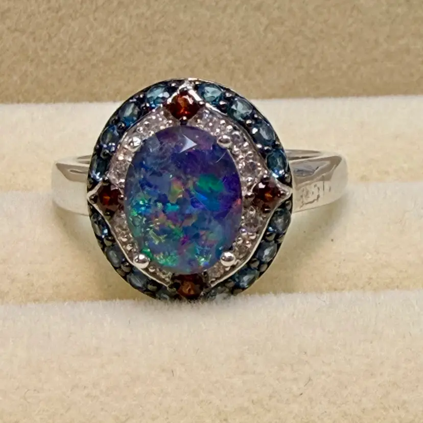 Sterling Silver Opal & Clear-Blue Quartz Rhinestones Ring Sz 9🌹