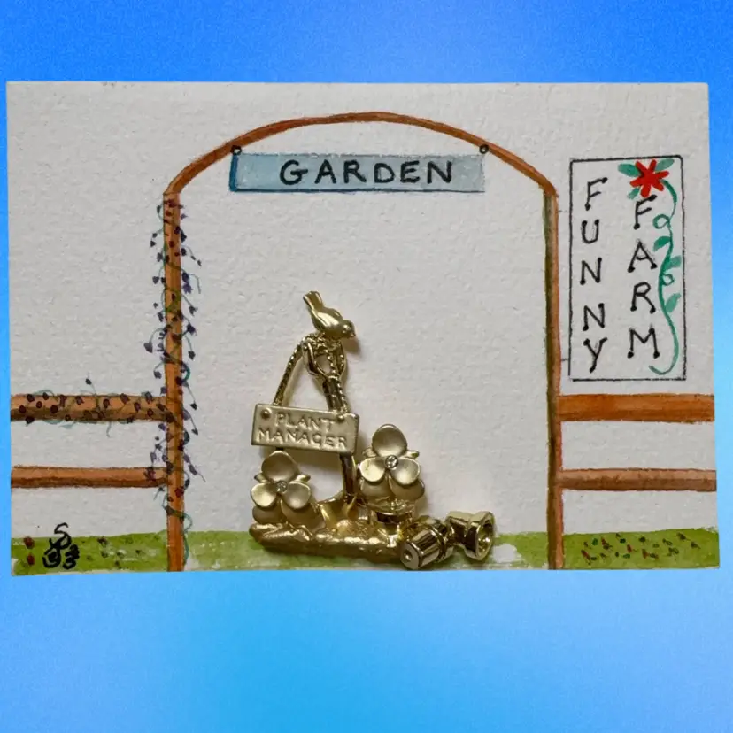 Original Watercolor Card With Vintage Plant Manager Brooch. Comes With Tissue And Box 5” X 3.5” Blank Inside