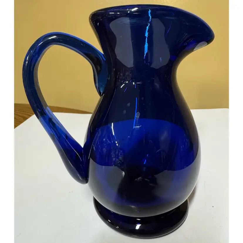 Hand Blown Glass Pitcher Cobalt Blue with Handle  6.5" tall Vintage