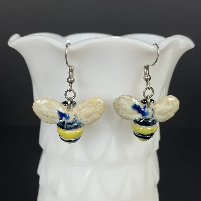 Handmade Glazed Pottery Bee Earrings 1.5"