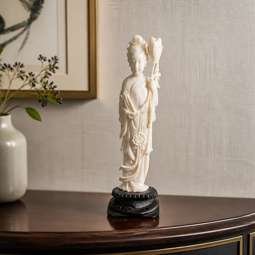 Vtg Carved Figurine Of Asia Woman Holding Lotus Flower on Wood Base, 8.5"