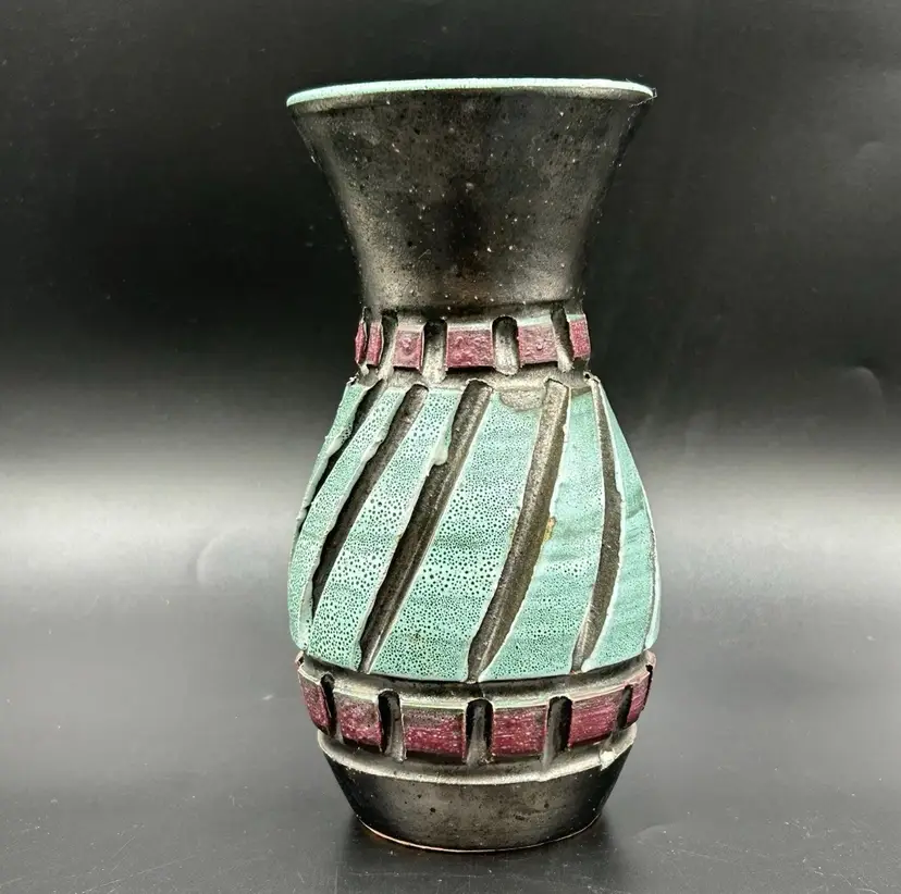 Mid Century Italian Art Pottery Vase Turquoise Black Carved Studio Italy