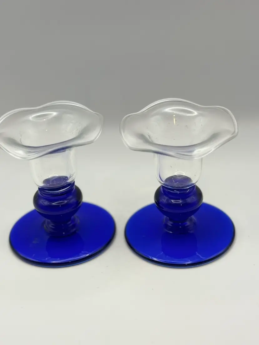 Princess House Crystal Sapphire Vintage Princess House Crystal Sapphire candlestick holders - cobalt blue base and a clear ruffled top 3.5”