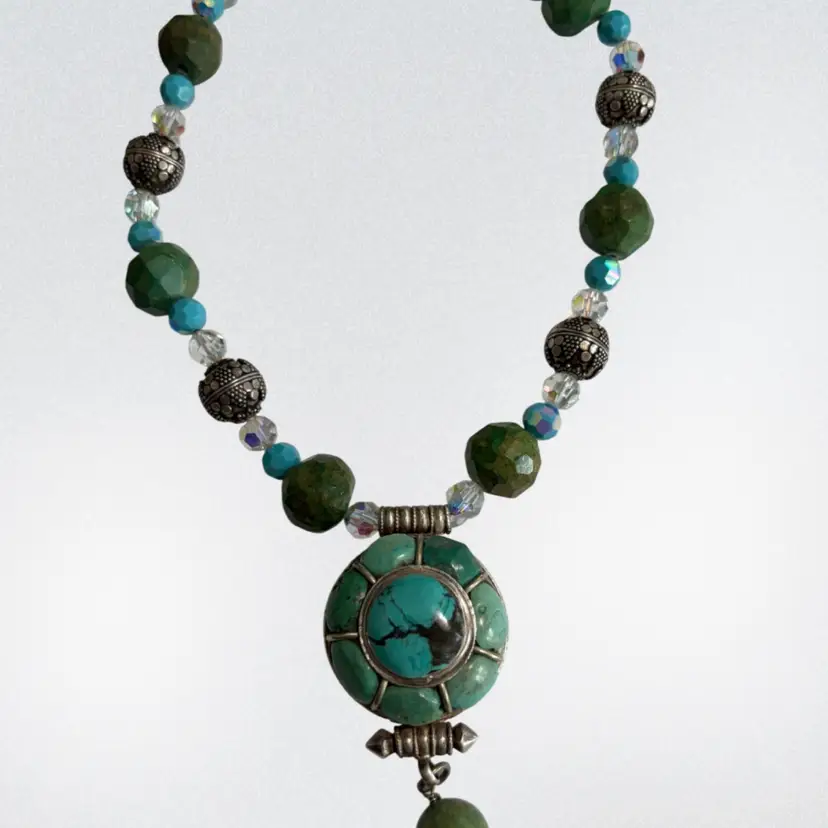 Amazing 15” Sterling Silver, Turquoise, AB stones Necklace
