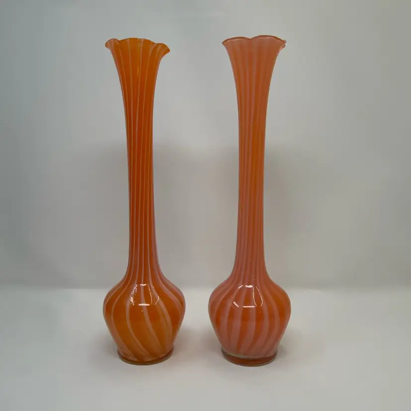 -Pair Of Vintage Orange and White Striped Art Glass Vases