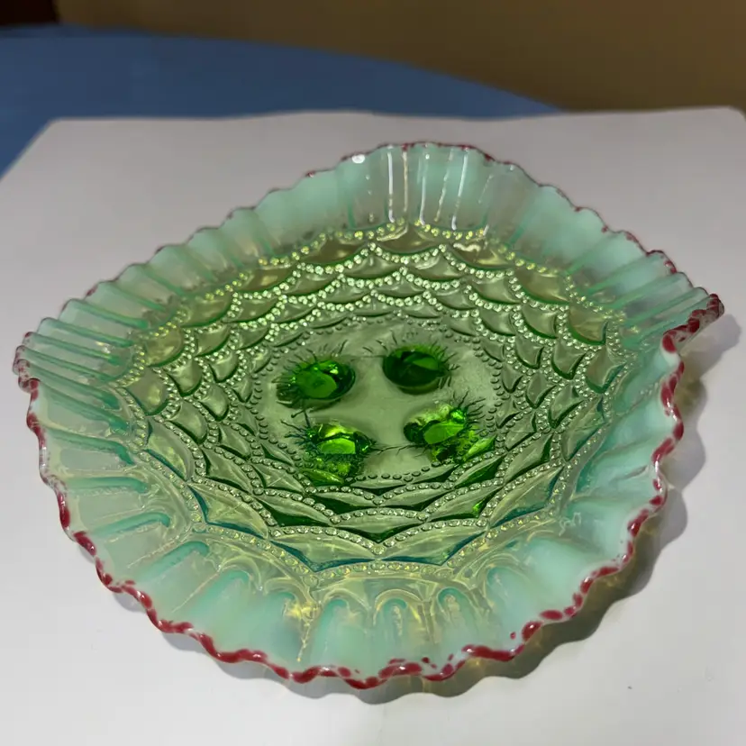 Jefferson Glass Green Opalescent Beaded Drapes 4 footed Bowl w/ Cranberry Frit