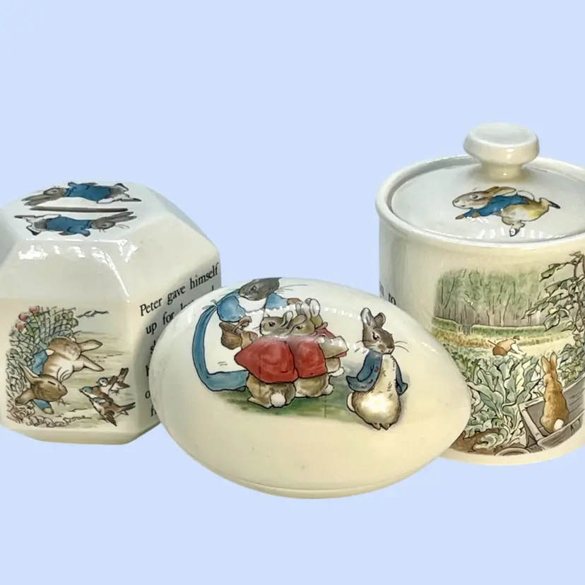 #485- Vintage Wedgwood Peter Rabbit Beatrix Potter Egg Trinket Box Octagon Money Bank Lidded Jar Porcelain Nursery Collection Pieces Fine Bone China Crafted in England (1990-2003)
Children Story Bunny Baby