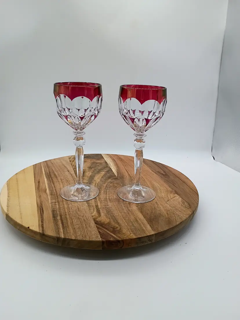 HOFBAUER Lead Crystal Red Cut to Clear Germany Hock Wine Glasses Set of 2.