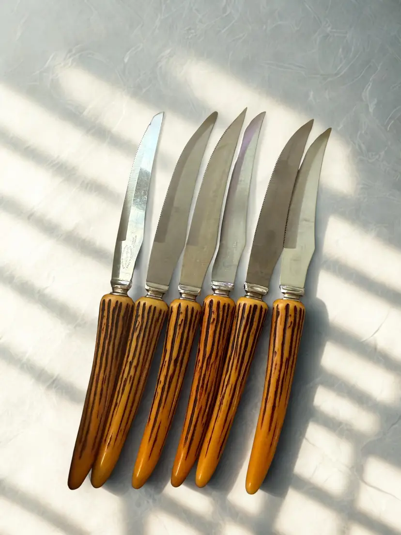 1960s Matched Set of 6 Sharp Steak Knives with Bakelite Handles Dinnerware Serving Ware Collectable Vintage Home Decor