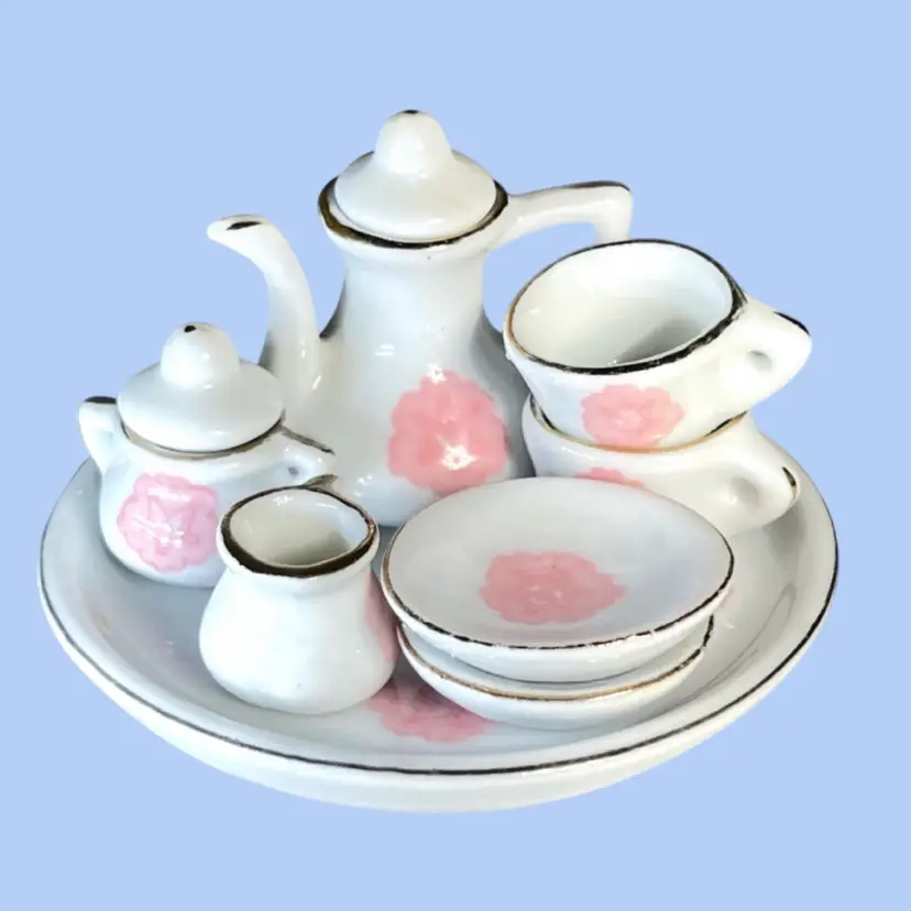 #123- Miniature Coffee Tea Set Pink Flower 10pc Coffee Pot Creamer Sugar Saucers Cups Doll House