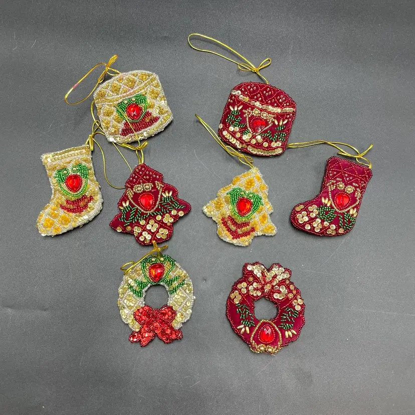 Sequin & Rhinestone Christmas Ornaments VTG Set of 8 Drums Stockings Trees