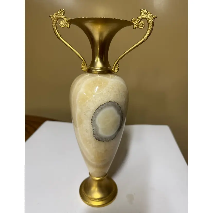 Onyx and Brass Double handled Vase 11” tall