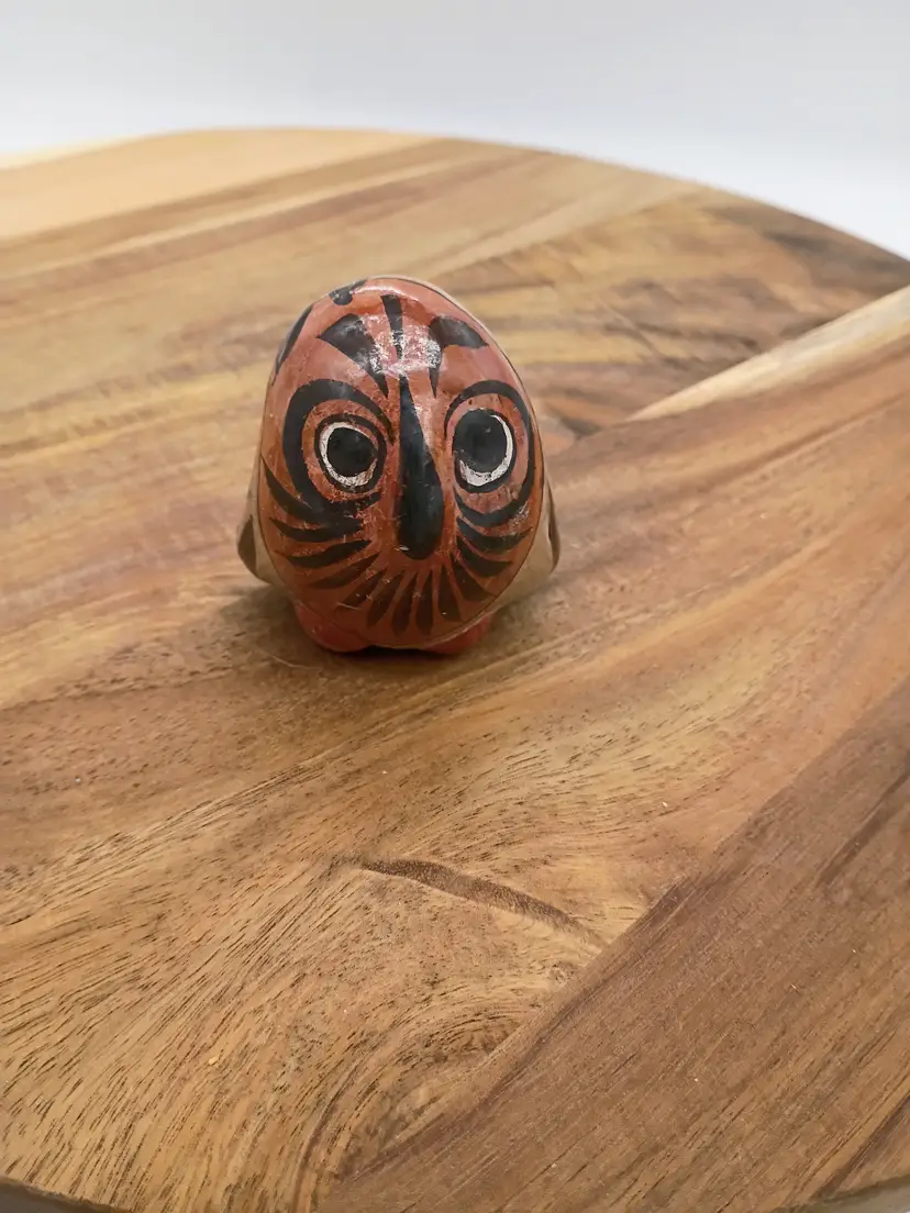 Vintage TONALA POTERY OWL FIGURINE Mexican Folk Art Hand Painted SIGNED.