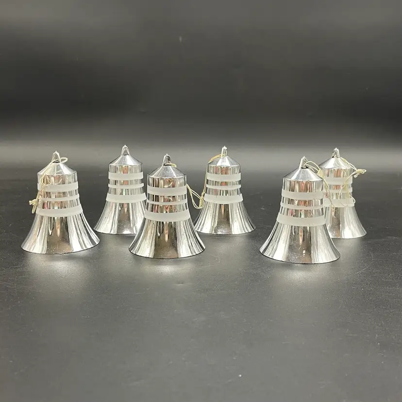 Jewel Brite Plastic Bell Ornaments Silver with White Stripes VTG Christmas