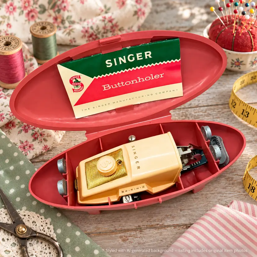 Vintage Singer Buttonholer Pink Case 1960s Sewing Accessory Templates and Manual