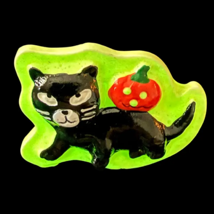 Black Cat & JOL Halloween Brooch Pin 1.5” Glows In The Dark