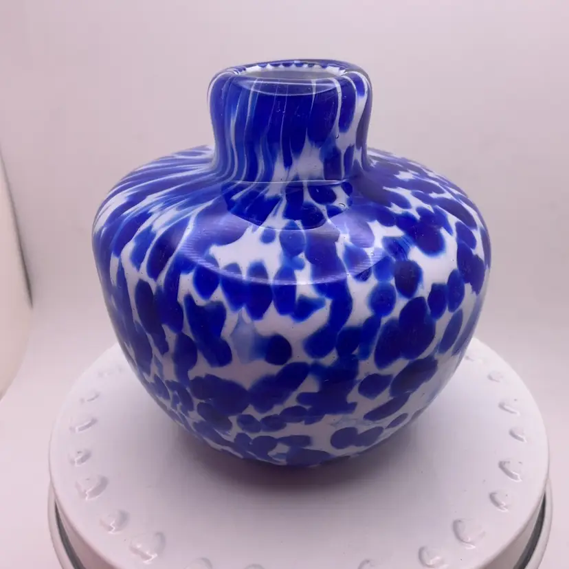 POW4 Art Glass Vase 3" Blue and White Speckle