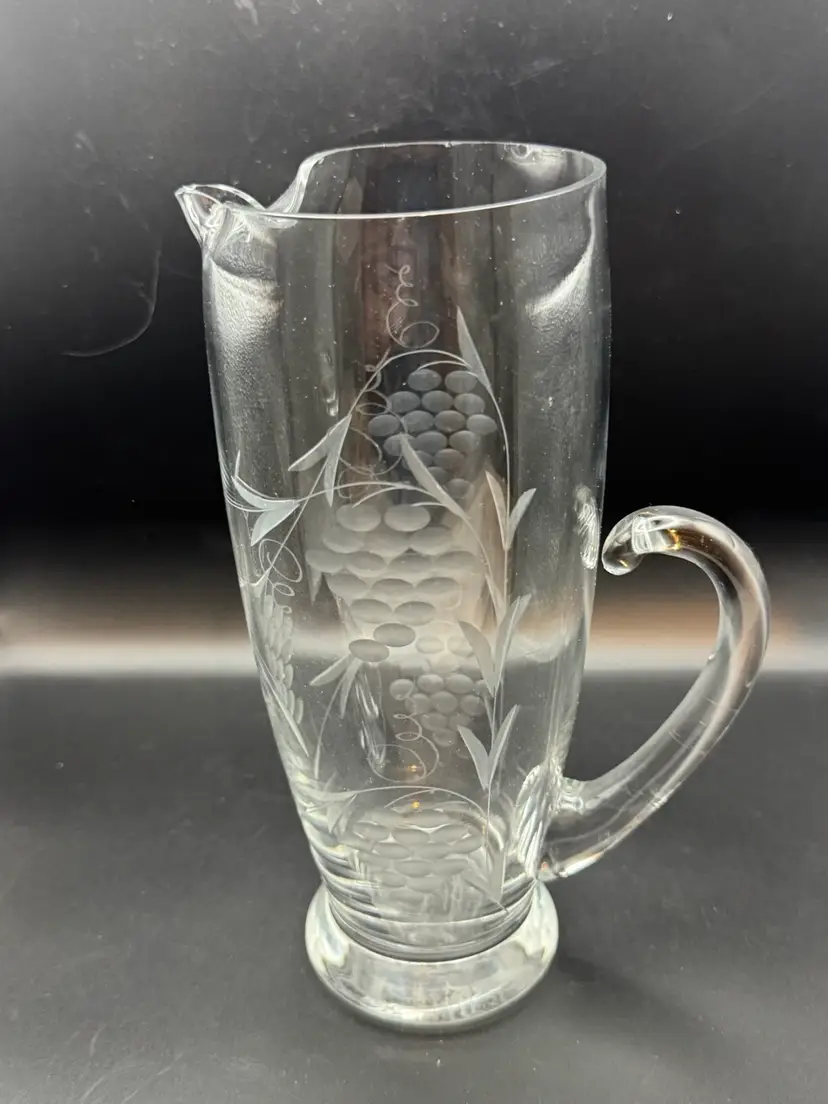 Vintage Etched Glass Pitcher Pinched Spout Grape & Leaf Motif 9.5"