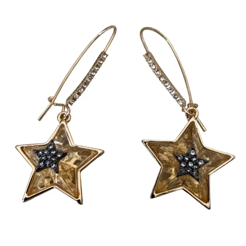 Betsey Johnson Gold Tone Celestial Punk Star Hook Drop Earrings 2”