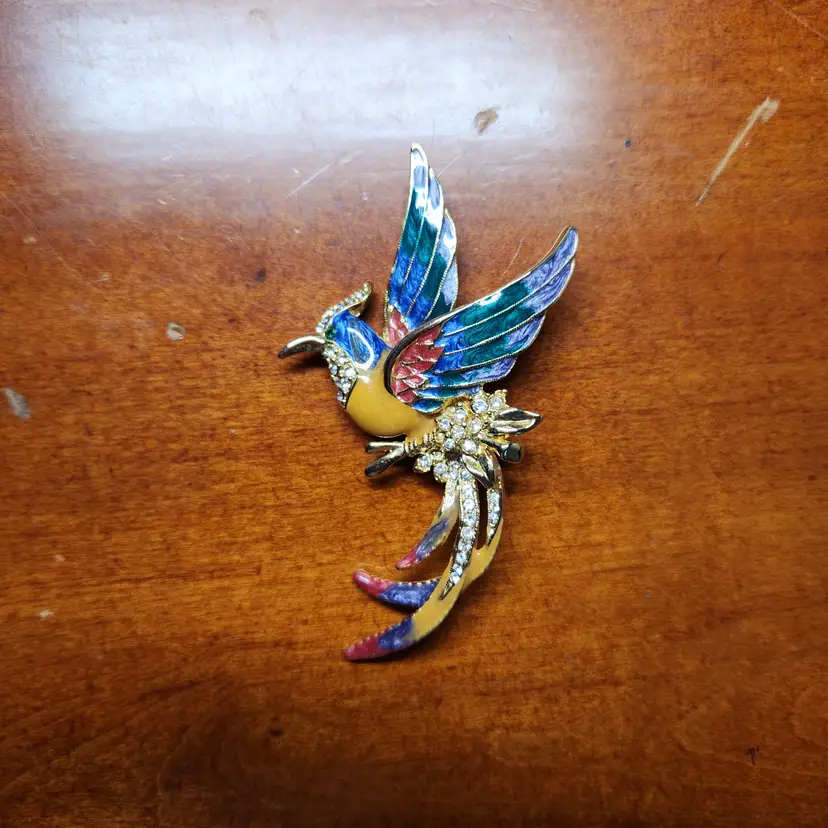 Brooch Bird Of Paradise Multi-Colored gold tone with clear rhinestones 3 1/4"
