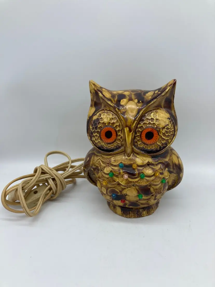 Vintage 1970s Ceramic Owl Night Light Lamp Glazed Brown MCM Retro Luminary Enderlin Ceramics Rio Illinois