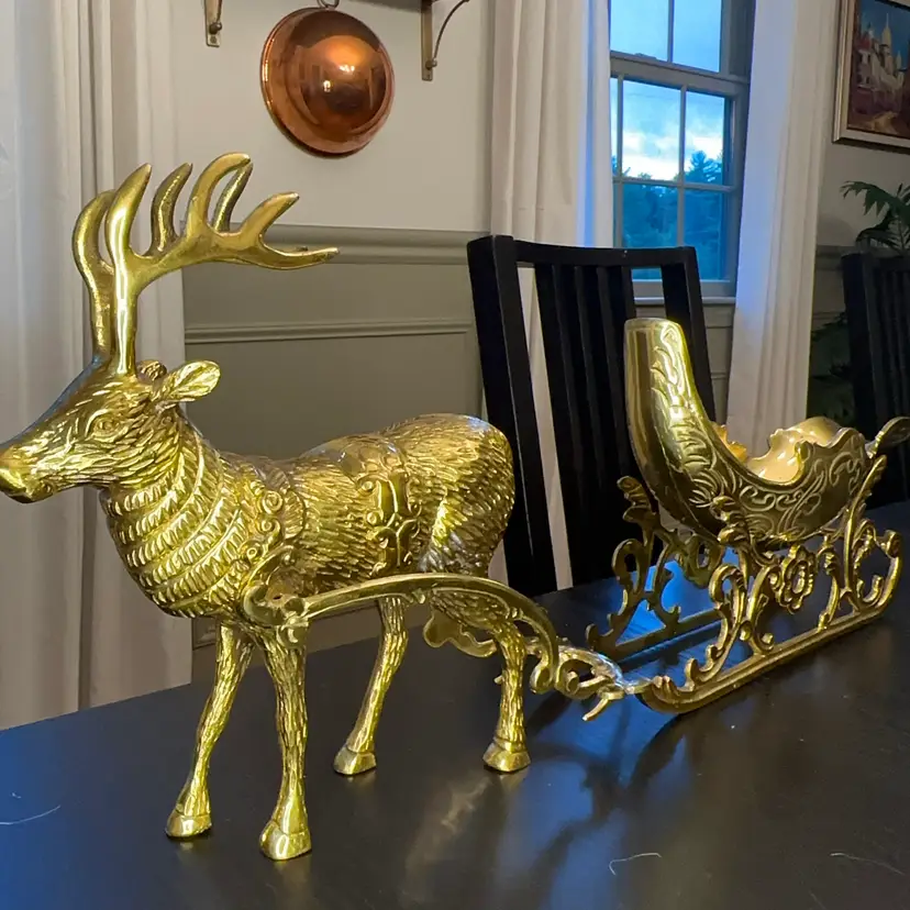🔔 Vintage 3 Piece Brass 22” Reindeer And Sleigh