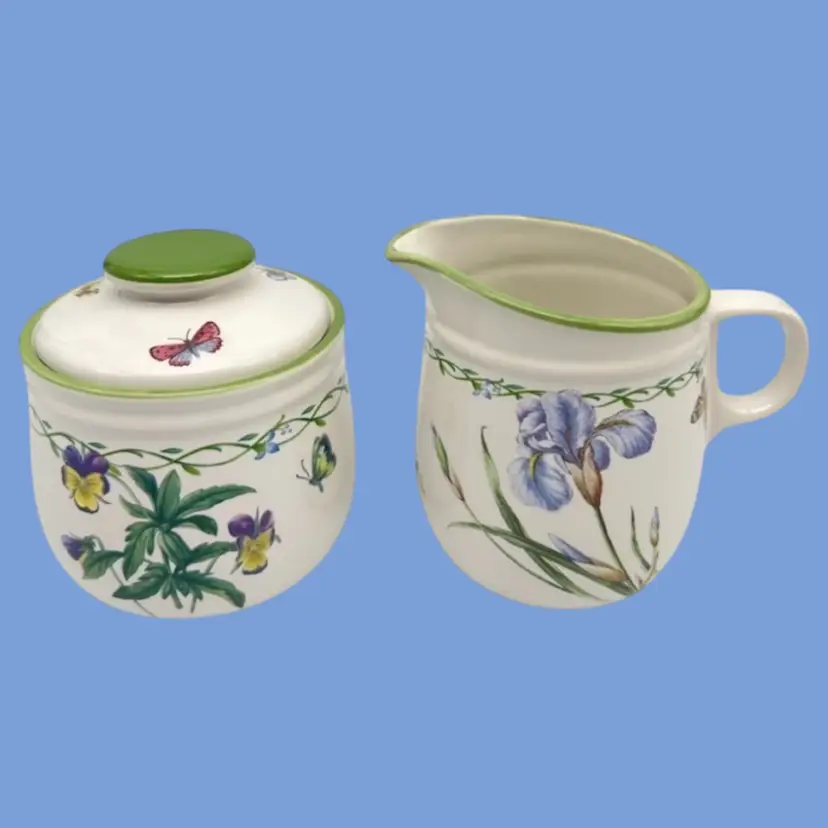 #167- Creamer & Sugar Set Butterfly Bug 
“Garden Bloom” Pattern By Studio Nova Mikasa Green Trim Flowers Ceramic
