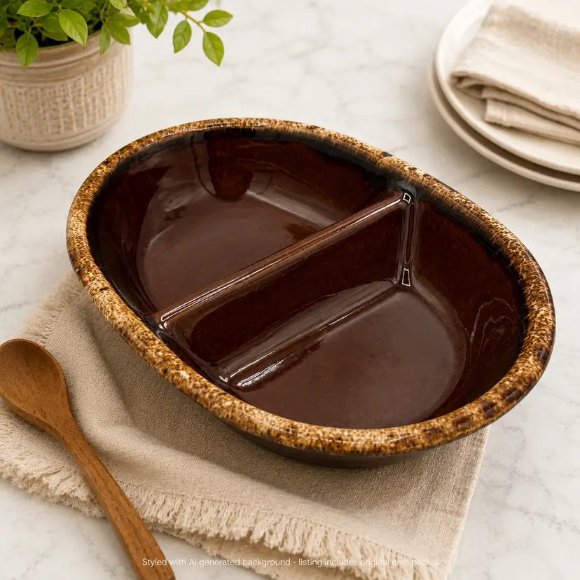 Vintage Hull Pottery Divided Serving Dish, Brown Drip Glaze Oven Proof Stoneware